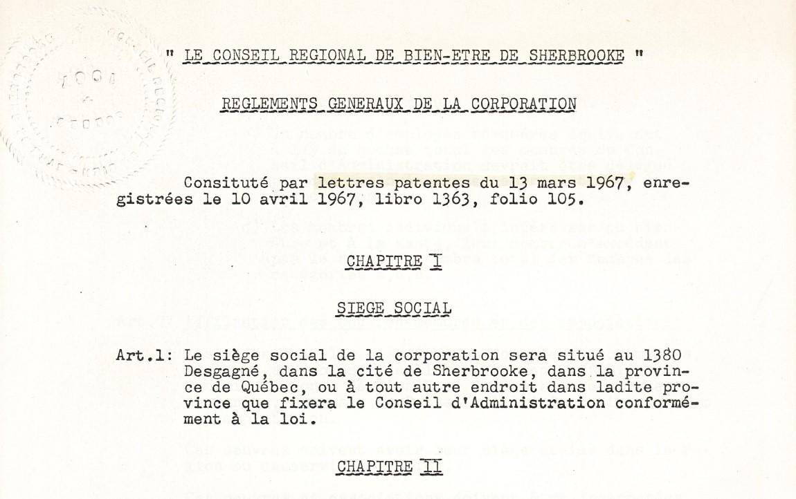 Lettre de fondation du Conseil régional de bien-être de Sherbrooke